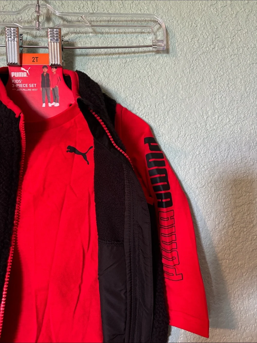 Puma Black Sherpa Vest with Red Long Sleeves Shirt & Gray Joggers, 2T - like new - Picture 3 of 6